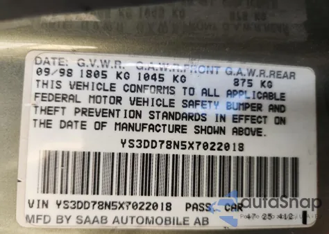 1999 Saab 9-3 S from USA, damaged, VIN YS3DD78N5X7022018